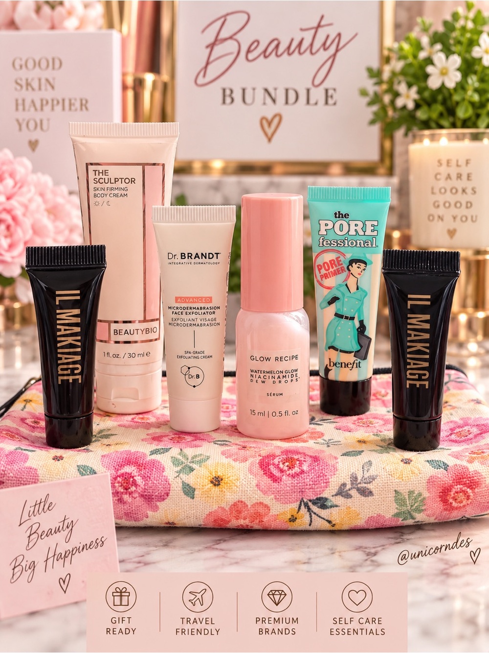 Glow Recipe IL MAKIAGE Benefit Dr Brandt BeautyBio Travel Bundle + Bag